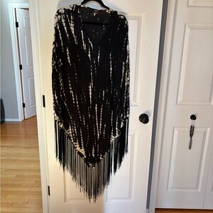 Elegant Black and White Fringe Poncho